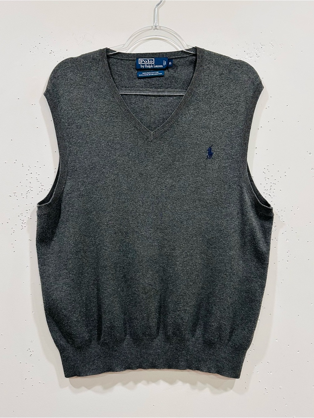 Polo Ralph Lauren Sweater Vest Men XL Gray V-Neck 100% Pima Cotton Blue Pony